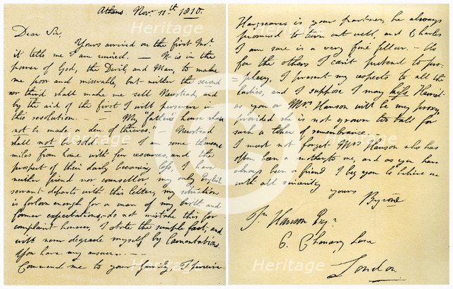 Letter from Lord Byron to John Hanson, 11th November 1810.Artist: Lord Byron