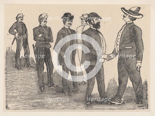Two men shaking hands in the foreground and officers watching them in the backgro..., ca. 1880-1910. Creator: José Guadalupe Posada.