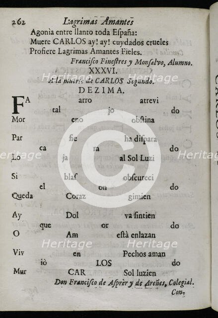 Décima to King Charles II of Spain's death by Francisco de Asprer y de Arenes, 1701.  Creators: Josep Rocaberti, Francisco de Asprer y de Arenes.