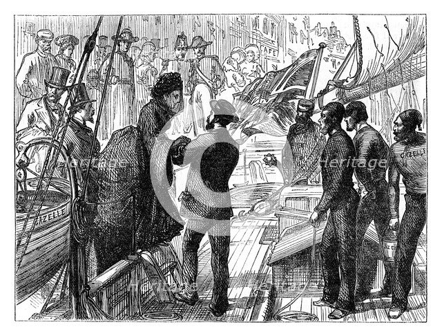'The Empress of the French embarking in the 'Gazelle', 1870 (late 19th century). Artist: Unknown
