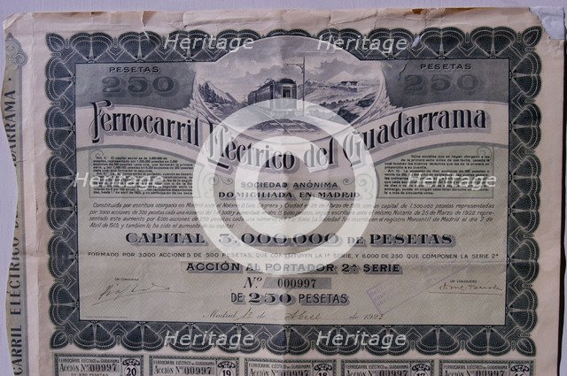 250 pesetas share from the Ferrocarril Eléctrico del Guadarrama, SA, Madrid April 1, 1923.