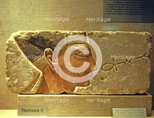 Ramesses II receiving life and wealth, fragment showing only the head, made in polychromed limest…