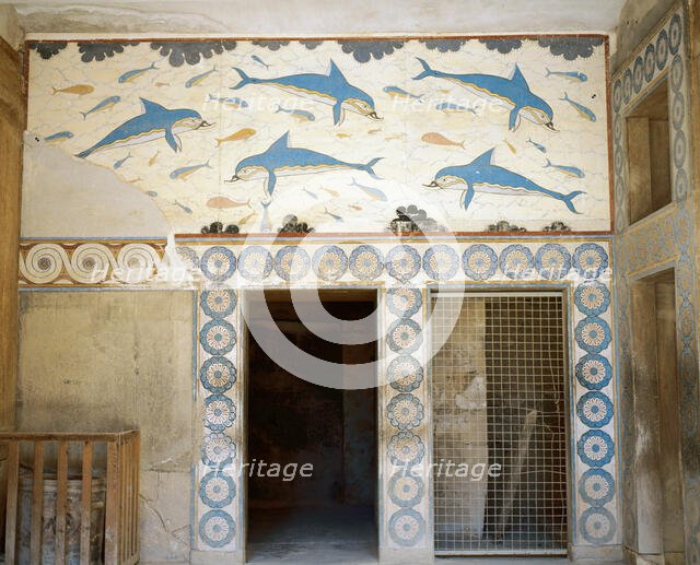 Dolphin Fresco, Megaron of the Queen, Knossos Palace, Minoan civilization, Crete, Greece (2000). Creator: LTL.