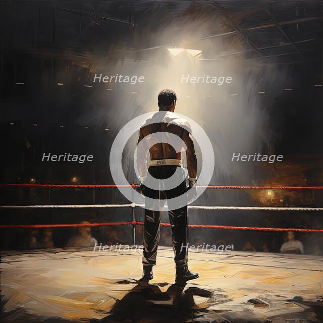 AI IMAGE - Portrait of Muhammad Ali standing in a boxing ring, 1960s, (2023). Creator: Heritage Images.