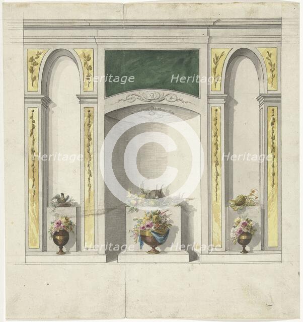 Design for room decorations with three niches and flower vases, 1767-1823. Creator: Abraham Meertens.
