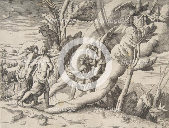 Jupiter and Juno being received in the heavens by Ganymede and Hebe, from the 'Division..., 1531-76. Creator: Giulio Bonasone.