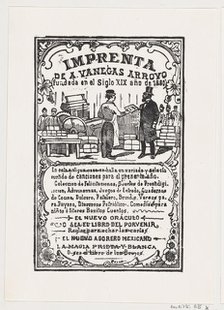 A print shop with a printer handing something to a gentleman..., ca. 1880-1910. Creator: José Guadalupe Posada.