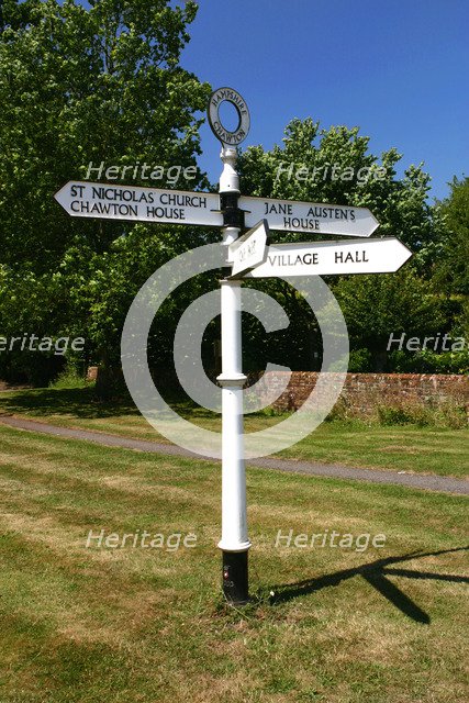 Signpost pointing to Jane Austen's House, Chawton, Hampshire.