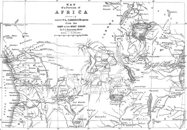 Map of a Portion of Africa, showing...Cameron's Route from the East to the West Coast...1876. Creator: Ernst Ravenstein.