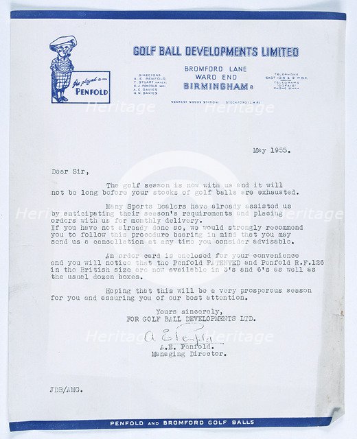 Signed letter from Managing Director, Penfold Golf Balls to stockists, British, 1955. Artist: Unknown