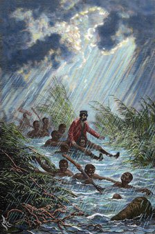 David Livingstone is carried through a swamp during his expedition to Africa in 1872.  Creator: Charles Laplante.