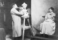 Christabel Pankhurst being modelled at Madam Tussaud's by Mr Tussaud, c1908. Artist: Unknown