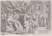 The suicide of the philosopher Cato, who lies on his bed pulling out his innards watched b..., 1648. Creator: Pietro Testa.