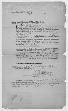 Certificate from County of NY of manumission for John Moore, 1813-04-28. Creator: Unknown.