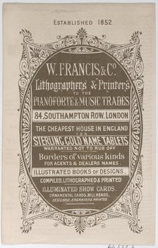 Trade Card for W. Francis & Co., Lithographers and Printers, 19th century., 19th century. Creator: Anon.