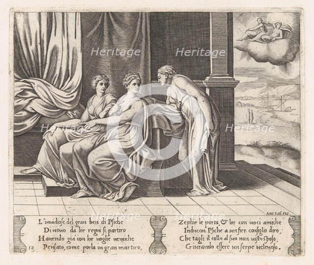 Plate 12: Psyche's sisters persuading Psyche that she has been sleeping with a serpent,..., 1530-60. Creator: Master of the Die.