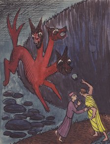 Dante and Virgil with three-headed monster, 1951. Creator: Shirley Markham.