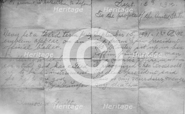 Schrank's writing, 1912. Creator: Bain News Service.