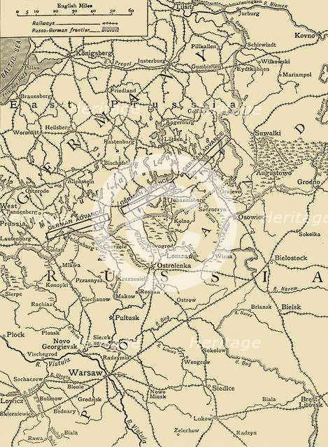 'Sketch Map to Illustrate the German Attack north of Warsaw in February, 1915', (c1920). Creator: Unknown.