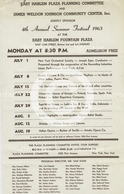 Poster for the 4th Annual Summer Festival at the East Harlem Fountain Plaza, c1963. Creator: James Weldon Johnson Community Center.