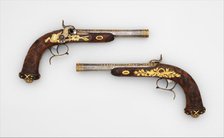 Cased Pair of Percussion Target Pistols with Loading and Cleaning Accessories, French, Paris, 1829. Creator: Jean André Prosper Henri Le Page.