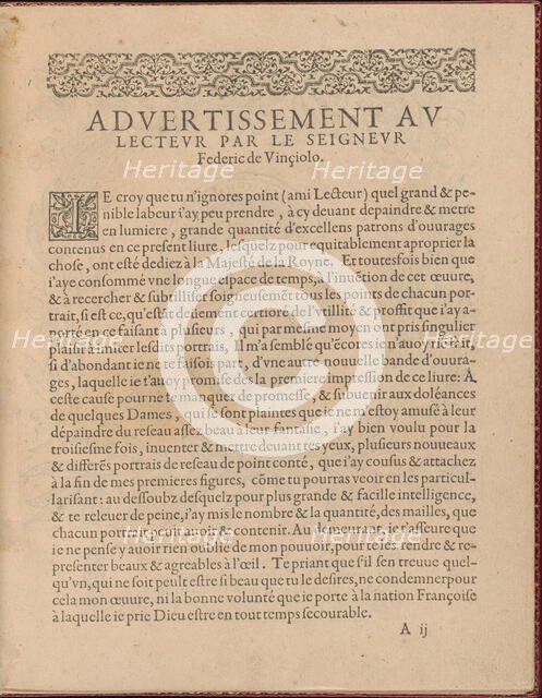 Les Singuliers et Nouveaux Portraicts... page 2 (recto), 1588. Creator: Federico de Vinciolo.