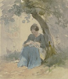 Woman sitting under a tree sewing, c1840-1890s. Creator: Philipp Rumpf.