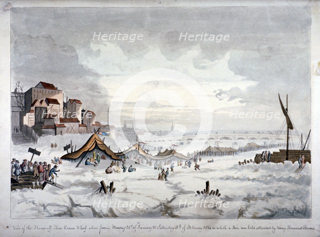 View of a frost fair on the River Thames, London, 1814.  Artist: Anon