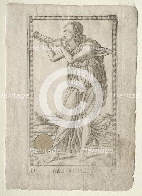 Melpomene (tragedy) (from the Tarocchi series D: Apollo and the Muses, #17), before 1467. Creator: Master of the E-Series Tarocchi (Italian, 15th century).