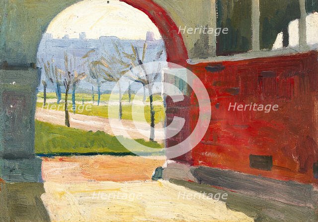 Royal Naval Hospital, Haslar: view through an arch into gardens, c1919. Creator: Jan Gordon.