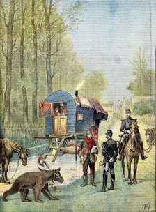 Gendarmes taking census forms to an encampment of itinerant gipsies in their caravan, 1895. Artist: Unknown