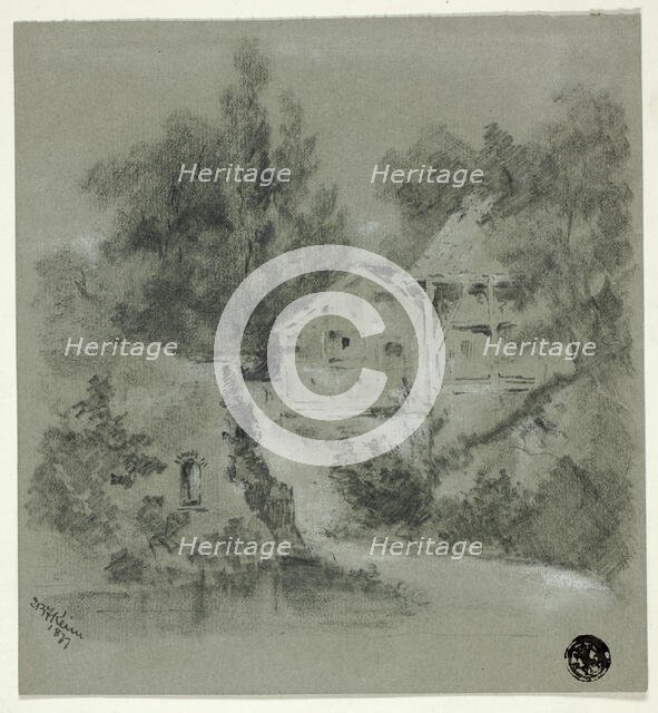 Houses and Ruined Wall Overlooking River, 1877. Creator: I. B. F. Keim.