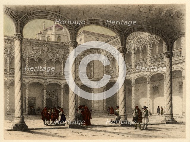 Cloister of the church of San Gregorio in Valladolid, with scene of life and traditional costumes…