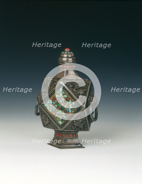 Silver wine pot with coral and turquoise inlays, Mongolia, 19th century. Artist: Unknown