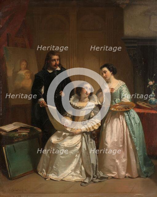 Gerard van Honthorst Showing the Drawings of his Pupil Louise of Bohemia to Amalia van Solms, 1854. Creator: Hendrick Jacobus Scholten.