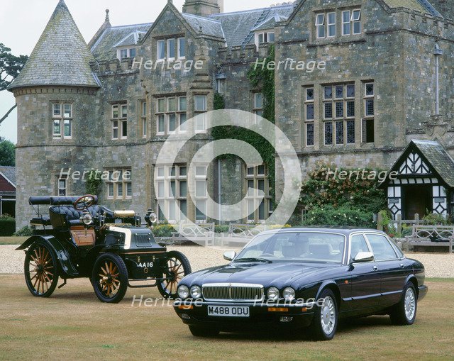 1995 Daimler Double six with 1899 Daimler outside Palace House. Artist: Unknown.