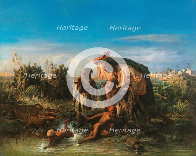Scene on the Nile: a Family is Attacked by a Crocodile. Creator: Biard, François-August (1798-1882).
