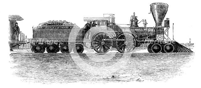 Train machine in the line from Ohio to Mississippi, engraving, 1858.