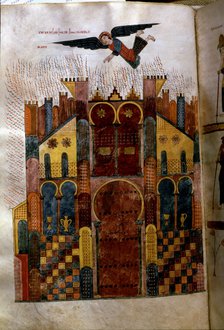 The Angel and the fall of the city of Babylon, Miniature in the 'Beatus of Girona' (Commentary to…