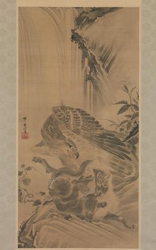 Eagle Attacking a Mountain Lion, 1885. Creator: Kawanabe Kyosai.