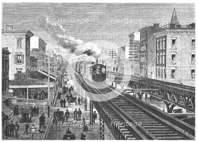 Double way overhead railway, circulating by the Seventh Avenue in New - York, engraving 1872.