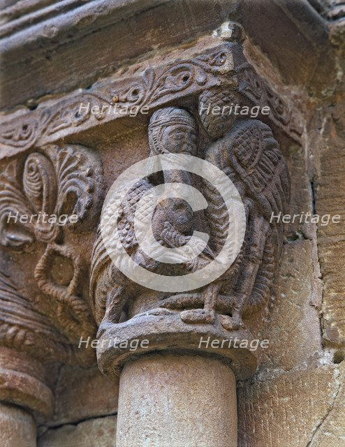 Capital with anthropomorphic decoration on the outside of one of the galleries of the cloister of…