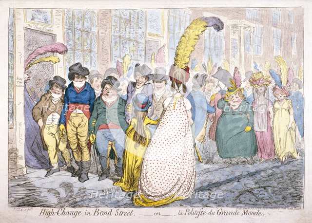 Five fashionably dressed men advance along Old Bond Street, Westminster, London, 1796. Artist: James Gillray