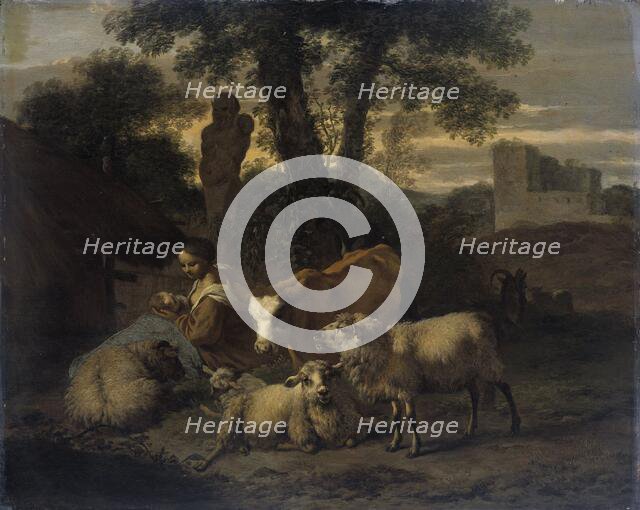 Italian Landscape with Shepherdess and Flocks, 1708. Creator: Simon van der Does.