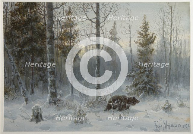 Bear in the winter forest, 1907. Artist: Muravyov, Count Vladimir Leonidovich (1861-1940)