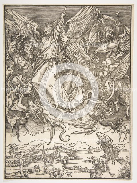 Saint Michael and the Dragon, from The Apocalypse, ca. 1498. Creator: Albrecht Durer.