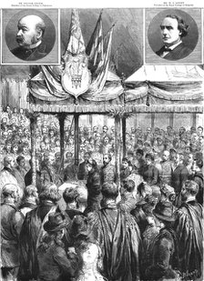 'The Queen laying the Foundation Stone of the New Medical Examination Hall on the Victoria Embankmen Creator: Durand.