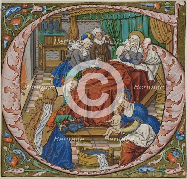 The Birth of the Virgin in a Historiated Initial "G" from an Antiphonal, c. 1500. Creator: Unknown.