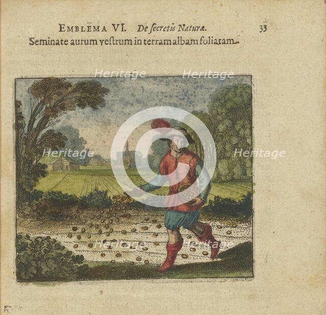 Emblem 6. Sow only gold in the white leafed earth. From "Atalanta fugiens" by Michael Maier, 1618. Creator: Merian, Matthäus, the Elder (1593-1650).