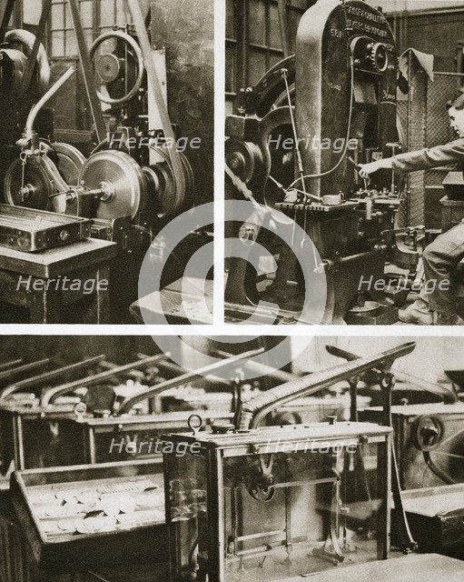 Money making; stamping and milling the disks and weighing the finished coins, 20th century. Artist: Unknown